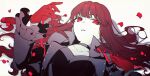  1girl black_jacket black_leotard breasts choker gloves highres jacket leotard limited_palette long_hair long_sleeves lying medium_breasts on_back open_clothes open_jacket pale_skin parted_lips persona persona_5 persona_5_the_royal petals red_eyes red_gloves red_hair ribbon simple_background solo twfm unworn_eyewear upper_body yoshizawa_kasumi 