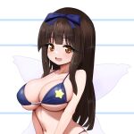  1girl absurdres bikini blue_bikini blue_bow bow breasts brown_eyes brown_hair commentary_request hair_bow highres hime_cut large_breasts long_eyelashes looking_at_viewer navel open_mouth sidelocks solo star_(symbol) star_print star_sapphire sugar_you swimsuit touhou upper_body white_background wings 