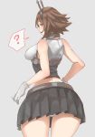  1girl ? absurdres ass bare_arms black_skirt blush breasts brown_hair flipped_hair from_behind gloves green_eyes headgear highres kantai_collection large_breasts looking_at_viewer looking_back metal_belt midriff mutsu_(kantai_collection) panties pleated_skirt short_hair simple_background skirt solo spoken_question_mark underwear upper_body uru_(uru0000) white_gloves white_panties wide_hips 