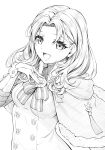  1girl annette_fantine_dominic bridal_gauntlets capelet eyelashes fire_emblem fire_emblem:_three_houses fur_trim greyscale long_hair looking_at_viewer monochrome open_mouth ribbon simple_background smile solo ten_(tenchan_man) upper_body white_background 