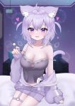 1girl :3 absurdres animal_ear_fluff animal_ears bed blurry blurry_background breasts camisole cat_cutout cat_ears cat_girl cat_tail clothing_cutout highres hololive indoors jacket kaisin_ao large_breasts long_hair long_sleeves looking_at_viewer medium_hair mimikaki nekomata_okayu nekomata_okayu_(membership) o-ring o-ring_thigh_strap off_shoulder official_alternate_costume onigirya_(nekomata_okayu) open_mouth purple_eyes purple_hair sitting sleeves_past_wrists smile solo spaghetti_strap tail thigh_strap two_side_up virtual_youtuber 
