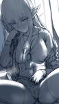 1girl absurdres breasts brooch cleavage commentary english_commentary greyscale hair_tubes hand_up hews highres jewelry long_hair looking_at_viewer monochrome navel robe serie_(sousou_no_frieren) shorts sidelighting sitting sketch smile solo sousou_no_frieren spread_legs thighs unfinished 