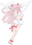  1girl absurdres angel_wings antenna_hair arms_behind_back bare_legs bare_shoulders barefoot bloomers blue_eyes bra collarbone commentary crossed_ankles detached_sleeves dot_nose english_commentary feet full_body groin hair_ribbon highres leaning_forward leg_ribbon legs long_hair mayoineko navel original pink_hair puffy_detached_sleeves puffy_sleeves red_ribbon ribbon sidelocks simple_background sketch smile solo thigh_ribbon toes two_side_up underwear underwear_only very_long_hair white_background white_bloomers white_bra wings 