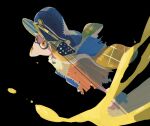  1girl agent_3_(splatoon) black_background blonde_hair blue_hat geta hat headgear inkling inkling_girl inkling_player_character koike3582 long_hair looking_up no_mouth orange_eyes patchwork_clothes peaked_cap poncho solo splatoon_(series) splatoon_3 tentacle_hair torn_clothes very_long_hair 