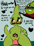 1-upclock aged_down anthro bodily_fluids brown_eyes cum cum_in_pussy cum_inside dialogue duo eyewear female generation_2_pokemon genital_fluids glasses green_background green_body heart_symbol hi_res i_love_you incest_(lore) jay_(1-upclock) larvitar male male/female mira_(1-upclock) mother_(lore) mother_and_child_(lore) mother_and_son_(lore) nintendo parent_(lore) parent_and_child_(lore) parent_and_son_(lore) pokemon pokemon_(species) simple_background son_(lore) sweat