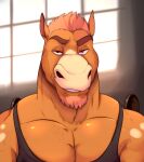 absurd_res anthro barbell bedroom_eyes body_hair chest_hair clothing english_text equid equine facial_hair goatee hi_res horse light looking_at_viewer male mammal markings muscular muscular_male narrowed_eyes pecs seductive shirt smile smirk solo spots spotted_markings stubble sunlight tank_top text topwear willian_(zourik) zourik