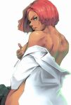  1girl artist_name blue_eyes breast_hold breasts dark-skinned_female dark_skin giovanna_(guilty_gear) guilty_gear large_breasts looking_at_viewer miss_faves pants red_hair shirt short_hair simple_background solo white_background white_shirt 