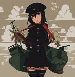  1girl akitsu_maru_(kancolle) bird black_hair black_hat black_skirt black_thighhighs breasts brown_eyes closed_mouth cloud covered_nipples gloves hat kantai_collection large_breasts looking_at_viewer maikeru_(dk_maikel) military military_uniform outdoors peaked_cap pleated_skirt rigging skirt sky solo thighhighs uniform water white_gloves 
