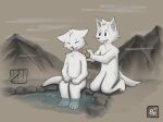 ambiguous_gender anthro bath bathing bruno_borker bucket canid canine container duo fangs hi_res hill hot_spring kneeling mammal onsen rock sitting sponge teeth water wet wet_body white_body wood_bucket