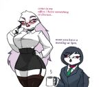 2024 anthro avian big_breasts bird breasts clothed clothing demon dialogue digital_media_(artwork) duo english_text female helluva_boss hi_res octavia_(helluva_boss) office_lady owl owl_demon pace-maker small_waist stella_(helluva_boss) text thick_thighs wide_hips