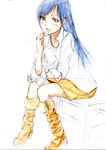  blue_hair boots brown_eyes highres ice2002 idolmaster idolmaster_(classic) kisaragi_chihaya long_hair sitting sleeves_rolled_up smile solo traditional_media 
