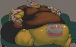 2024 anthro bandai_namco belly_overhang blue_body blue_fur bottomwear bowl clothed clothing container digimon digimon_(species) food fur furniture gabu_(saintdraconis) gabumon hi_res holding_food holding_object horn male morbidly_obese morbidly_obese_anthro obese obese_anthro on_sofa orange_eyes overweight overweight_anthro popcorn saintdraconis scales shirt shorts sitting sofa solo t-shirt tight_clothing tight_shirt tight_topwear topwear yellow_body yellow_scales