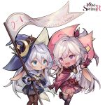  2girls absurdres belt blue_eyes chibi flag hand_grab hat highres holding holding_flag long_hair luna_(witch_springs) mage_staff multiple_girls official_art pieberry_(witch_springs) pointing red_eyes robe skirt thighhighs very_long_ears white_hair witch_hat witch_springs 