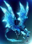  absurdres blue_background blue_scales claws deadpool_yuchan digitigrade dragon dragon_horns dragon_tail dragon_wings frost full_body glowing glowing_eyes gradient_background highres horns ice ice_horns looking_at_viewer monster monster_focus monster_hunter_(series) no_humans sharp_tail solo spread_wings tail velkhana western_dragon wings 