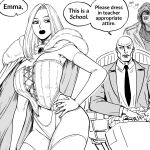  1girl 2boys absurdres bald bb_(baalbuddy) black_sclera breasts cape charles_xavier choker collared_shirt colored_sclera coomer_(meme) corset elbow_gloves emma_frost english_commentary english_text fur-trimmed_cape fur_trim gambit gloves greyscale hand_on_own_hip highres jacket large_breasts lips long_hair marvel meme monochrome multiple_boys necktie revealing_clothes shirt simple_background speech_bubble suit suit_jacket thighhighs variant_set white_background x-men 