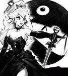  1girl 1other artist_name black_choker black_dress breasts chain_chomp choker cleavage crown dress earrings elbow_gloves gloves holding holding_sword holding_weapon jewelry large_breasts lipstick makeup mario_(series) miss_faves monochrome pointing princess_peach sharp_teeth sword teeth weapon 