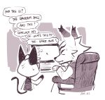 animal_crossing anthro canid canine canis chair clothed clothing computer_monitor dar-draws dialogue dobie_(animal_crossing) domestic_cat duo english_text eyebrows felid feline felis furniture hi_res male mammal monochrome nintendo raymond_(animal_crossing) speech_bubble tail text wolf