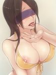  bikini blindfold blush breasts covered_nipples cum cupping_hand facial highres long_hair medium_breasts mugen_kousatsu nipple_slip nipples open_mouth original string_bikini swimsuit tongue tongue_out 