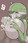 big_breasts blush bodily_fluids breast_play breasts censored fellatio female female_penetrated gardevoir generation_3_pokemon green_hair hair heart_symbol hi_res huge_breasts inumatori male male/female male_penetrating male_penetrating_female nintendo nipples not_furry oral penetration penile pokemon pokemon_(species) sex sweat titfuck