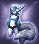  blue_hair blue_nose canine clothed clothing female fur grey_fur hair heterochromia looking_at_viewer mammal pacmancorp perky_ears purple_background skimpy solo underwear white_fur wolf 