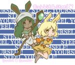  2girls :&gt; animal_ears blonde_hair character_name closed_mouth commentary_request copyright_name dancer_rabbit detached_sleeves dress druid_rabbit full_body green_eyes green_hair grey_dress grey_scarf head_scarf holding holding_staff kunai long_hair looking_at_viewer mage_staff medium_bangs miso253 multiple_girls open_mouth rabbit_and_steel rabbit_ears rabbit_girl scarf short_hair skirt smile staff strapless tube_top weapon yellow_eyes yellow_skirt yellow_tube_top 