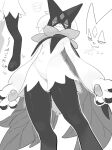 2024 anthro biped breasts felid feline female generation_9_pokemon hi_res japanese_text kame_3 looking_at_viewer low-angle_view mammal meowscarada monochrome nintendo pokemon pokemon_(species) pose simple_background slim small_breasts smile solo standing text translated
