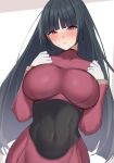  1girl :o black_hair blunt_bangs breast_suppress breasts collarbone commentary covered_navel furrowed_brow gloves highres hime_cut large_breasts light_blush long_hair long_sleeves looking_at_viewer pokemon red_eyes sabrina_(pokemon) simple_background solo teeth tsurime upper_body wabimochi white_background white_gloves 