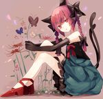  animal_ears bad_id bad_pixiv_id bare_shoulders bow braid bug butterfly cat_ears cat_tail elbow_gloves flower gloves hair_bow highres insect kaenbyou_rin looking_at_viewer multiple_tails otegoya red_eyes red_hair ribbon solo tail touhou twin_braids 