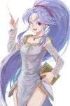  1girl ;d book cowboy_shot detached_sleeves dress electricity fire_emblem fire_emblem:_genealogy_of_the_holy_war hairband high_ponytail highres holding holding_book jewelry liu_(naiqin) long_hair long_sleeves looking_at_viewer magic necklace one_eye_closed purple_eyes purple_hair red_hairband smile solo tailtiu_(fire_emblem) teeth very_long_hair white_background 
