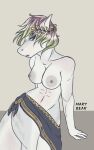  anthro athletic bottomwear breasts clothed clothing female fish gold_trim green_highlights hair hi_res highlights_(coloring) keyleth_(golddrake) laurel_wreath marine marybeararts nipples purple_hair shark solo topless white_body 