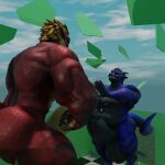 1:1 anthro balls big_balls big_butt big_penis black_penis blue_body bursting_out butt dergdrister dragon drister_(dergdrister) duo flexing flexing_bicep flexing_both_biceps genitals huge_balls huge_penis hyper hyper_balls hyper_genitalia hyper_penis looking_at_another male male/male musclegut muscular mythological_creature mythological_scalie mythology penis red_body scalie size_difference sky slightly_chubby smile touching_tips tyler_(dergdrister) yellow_penis