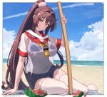  1girl alternate_costume baseball_cap beach beach_towel bikini blue_bikini blue_one-piece_swimsuit blue_sky bokken breasts brown_hair closed_mouth cloud covered_navel food fruit hair_intakes hat highres himeyamato iowa_(kancolle) kantai_collection large_breasts legs_apart long_hair ocean one-piece_swimsuit parted_bangs planted planted_sword red_eyes sand see-through see-through_shirt shouting_with_hands sidelocks sitting sky solo suikawari swimsuit swimsuit_under_clothes sword thighhighs towel two-tone_bikini very_long_hair watermelon weapon white_bikini white_blindfold white_thighhighs wooden_sword yamato_(kancolle) yokozuwari 