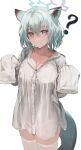  1girl ? absurdres alternate_costume animal_ears aqua_hair blue_archive blue_eyes breasts buttons closed_mouth collared_shirt crossed_bangs flippy_(cripine111) gradient_eyes hair_between_eyes halo head_tilt highres looking_at_viewer medium_hair multicolored_eyes no_bra oversized_clothes oversized_shirt panties purple_eyes see-through see-through_shirt shigure_(blue_archive) shirt shirt_overhang simple_background skindentation sleeves_past_fingers sleeves_past_wrists smile solo standing tail thighhighs underwear weasel_ears weasel_girl weasel_tail white_background white_panties white_shirt white_thighhighs 
