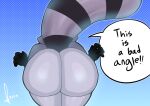 anthro big_butt butt dialogue digital_media_(artwork) femboy hi_res indigo_park male mammal procyonid purple_body raccoon rambley_(indigo_park) samirachuni simple_background text thick_thighs