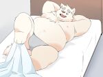 2024 4:3 anthro bed belly big_belly canid canine canis clothing domestic_dog furniture hi_res inunoshippo kemono lying male mammal moobs navel nipples overweight overweight_male solo underwear