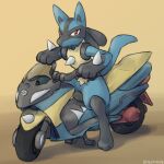 1:1 ambiguous_gender anthro biped black_body blue_body fur generation_4_pokemon hi_res lucario motorcycle nintendo pokemon pokemon_(species) red_eyes sealer4258 simple_background solo tail tan_body tan_fur vehicle yellow_background