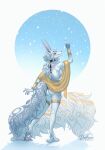 anthro butt canid canine curled_hair female gold_(metal) gold_jewelry hair hi_res hindpaw jewelry long_ears long_tail mammal nude paws pose rear_view road~abelgeym snow solo tail white_hair
