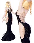  1girl absurdres alternate_costume armlet artist_name black_dress blonde_hair chain commentary dress elden_ring english_commentary from_behind gold_chain halterneck highres hip_vent jewelry long_hair looking_to_the_side meme_attire modakawa_dress multiple_views o-ring qederapawn queen_marika_the_eternal simple_background standing white_background yellow_eyes 