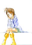  blush boots brown_eyes brown_hair futami_ami highres ice2002 idolmaster idolmaster_(classic) looking_at_viewer short_hair simple_background smile solo traditional_media white_background 