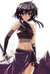  1girl armor bandaged_arm bandages black_hair crop_top elbow_gloves fire_emblem fire_emblem:_genealogy_of_the_holy_war gloves holding holding_sword holding_weapon laces larcei_(fire_emblem) leather_armor looking_at_viewer midriff morozumi_junka navel serious sidelocks skirt solo stomach sword tomboy waist_cape weapon white_background 