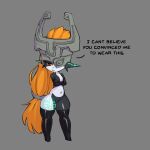 1:1 absurd_res armwear clothing crossed_arms elbow_gloves english_text female frown girpel gloves grey_background handwear hi_res humanoid humanoid_pointy_ears latex legwear midna nintendo not_furry simple_background snaggle_tooth solo text the_legend_of_zelda thigh_highs twili twilight_princess