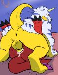 anal animal_skin anthro anus balls bandai_namco bodily_fluids butt cum cum_in_ass cum_inside digimon digimon_(species) duo erection from_front_position fur gabumon genital_fluids genitals gerssherfs hi_res horn male male/male male_penetrated male_penetrating male_penetrating_male mating_press penetration penis red_body sex shoutmon striped_body striped_fur stripes yellow_body