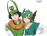  2boys :d arm_around_shoulder black_hair buttons clift closed_mouth commentary_request dragon_quest dragon_quest_iv earrings green_hair green_hat hat hero_(dq4) jewelry looking_at_viewer male_focus multiple_boys one_eye_closed purple_eyes shirt short_hair simple_background slime_(dragon_quest) smile tktrkgy translation_request white_background white_shirt wing_hair_ornament 