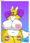 absurd_res anthro areola bandai_namco belly big_breasts biped blue_eyes breasts digimon digimon_(species) digital_media_(artwork) female female_anthro fur hands_behind_head heavy hi_res huge_breasts nipples overweight paladyart98 renamon slightly_chubby solid solo tail thick_thighs white_body white_fur yellow_body yellow_fur
