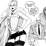  1girl 2boys absurdres bald bb_(baalbuddy) bespectacled black_sclera black_skirt black_thighhighs breasts cape charles_xavier choker collared_shirt colored_sclera coomer_(meme) corset elbow_gloves emma_frost english_commentary english_text fur-trimmed_cape fur_trim gambit garter_straps glasses gloves greyscale hand_on_own_hip highleg highleg_panties highres jacket lace lace-trimmed_thighhighs lace_panties large_breasts lips lipstick long_hair makeup marvel meme monochrome multiple_boys necktie panties pantyshot revealing_clothes rolling_eyes shirt simple_background skirt speech_bubble suit suit_jacket thighhighs underwear variant_set white_background x-men 