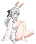  1girl absurdres animal_ear_fluff animal_ears aningay bare_legs barefoot black_bow blue_eyes bow braid breasts collared_shirt copyright_request dress_shirt full_body grey_hair hair_bow hand_on_own_knee highres knee_up large_breasts long_sleeves naked_shirt rabbit_ears shirt simple_background sleeves_past_wrists solo thighs white_background white_shirt 