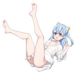 1girl absurdres aningay aningay_(vtuber) arm_between_breasts ass barefoot between_breasts blue_hair blush breasts collarbone collared_shirt dress_shirt feet full_body hair_between_eyes highres indie_virtual_youtuber kneepits legs legs_up long_hair long_sleeves looking_at_viewer naked_shirt one_side_up open_mouth red_eyes shirt short_eyebrows simple_background small_breasts small_sweatdrop soles solo sweat teeth thick_eyebrows upper_teeth_only virtual_youtuber white_background white_shirt 