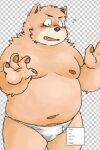 2:3 anthro blush bodily_fluids brown_body brown_fur canid canine canis clothing domestic_dog embarrassed fangs fur hi_res male mammal meta moobs navel nipples open_mouth overweight pawpads paws png_file raised_paw rampie slightly_chubby solo sweat sweatdrop teeth underwear