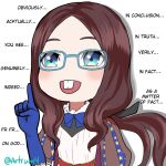  1girl ackchyually_(meme) artrum4 blue-framed_eyewear blue_bow blue_eyes blue_gloves blush bow buck_teeth commentary english_commentary english_text fate/grand_order fate_(series) forehead glasses gloves leonardo_da_vinci_(fate) leonardo_da_vinci_(rider)_(fate) meme nerd_emoji open_mouth parted_bangs puff_and_slash_sleeves puffy_short_sleeves puffy_sleeves short_sleeves simple_background solo teeth twitter_username white_background 