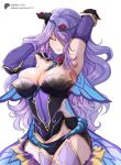  1girl armpits black_panties breasts camilla_(fire_emblem) camilla_(resplendent)_(fire_emblem) cleavage closed_eyes closed_mouth covered_navel cowboy_shot detached_sleeves english_commentary fake_horns fire_emblem fire_emblem_fates fire_emblem_heroes flower hair_flower hair_ornament hair_over_one_eye highres horns large_breasts long_hair official_alternate_costume panties purple_hair sierra117renner smile solo twitter_username underwear white_background 